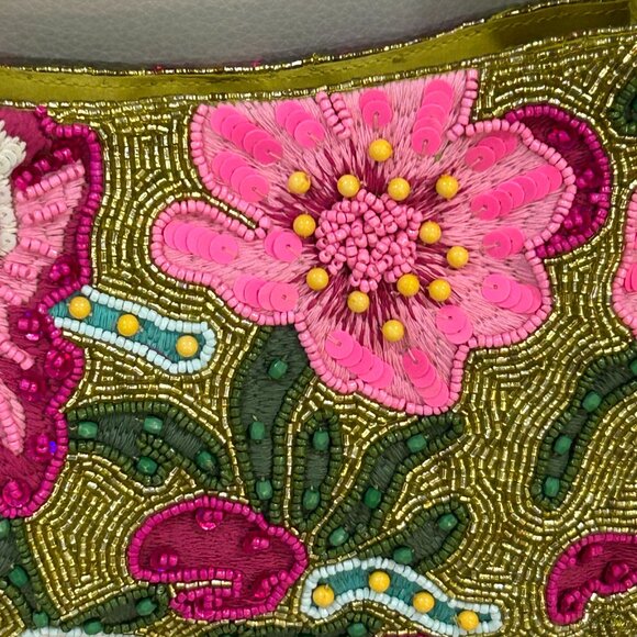 Beaded Bag Vibrant Floral Gold Hot Pink Tropical Colorful Flowers Made in India - Picture 5 of 6